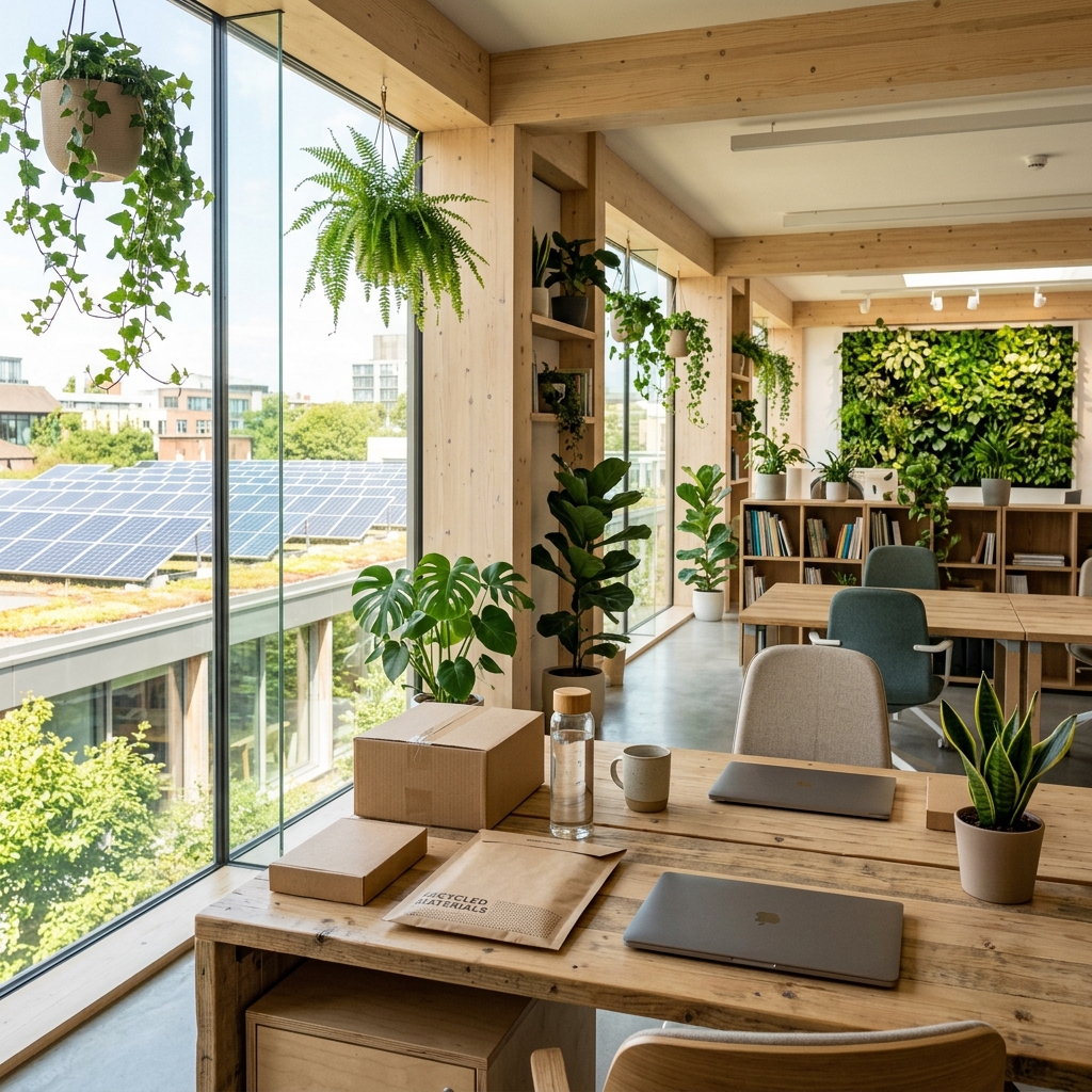 Sustainable business office with plants and eco-friendly materials