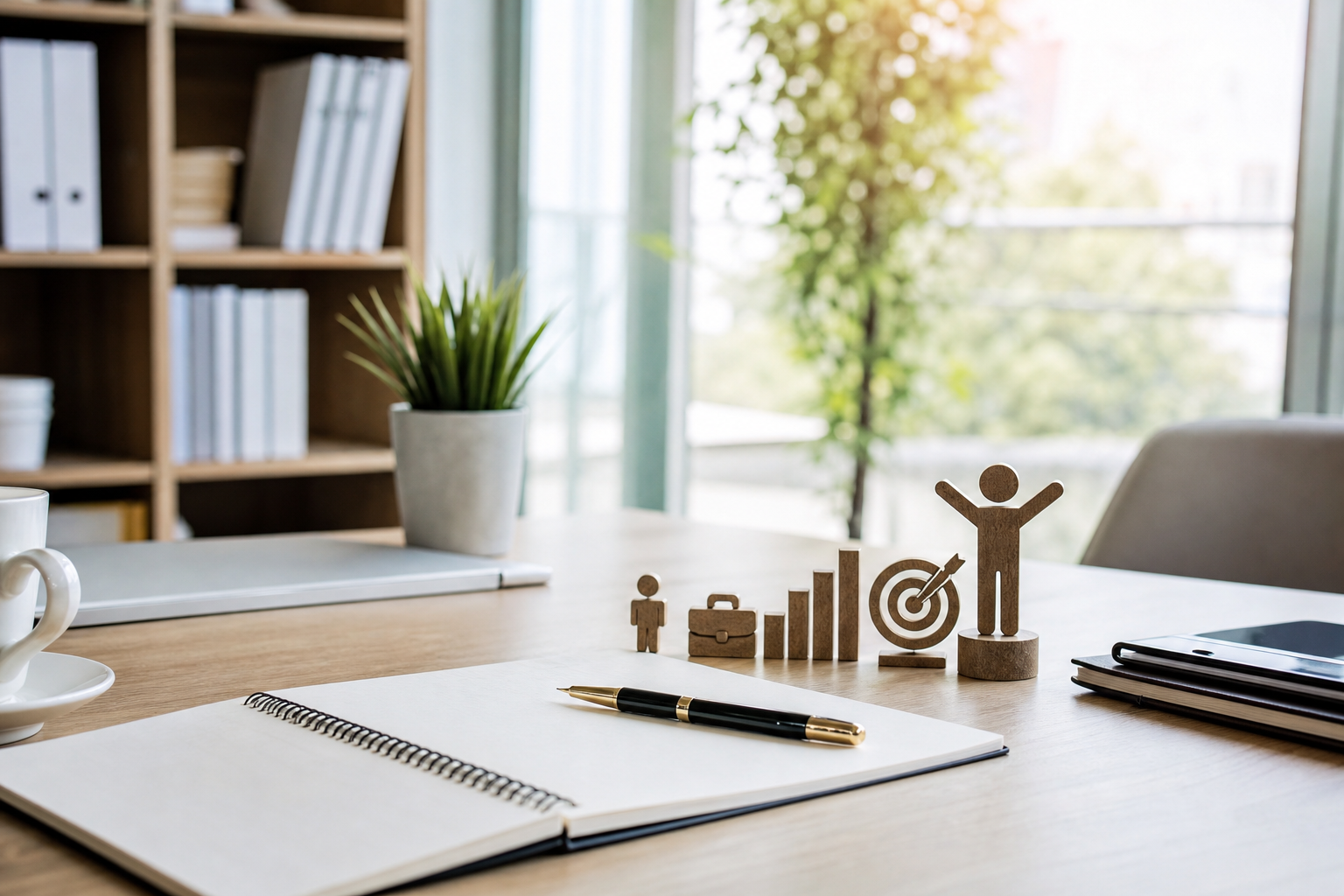 Career growth and job satisfaction symbols on a desk