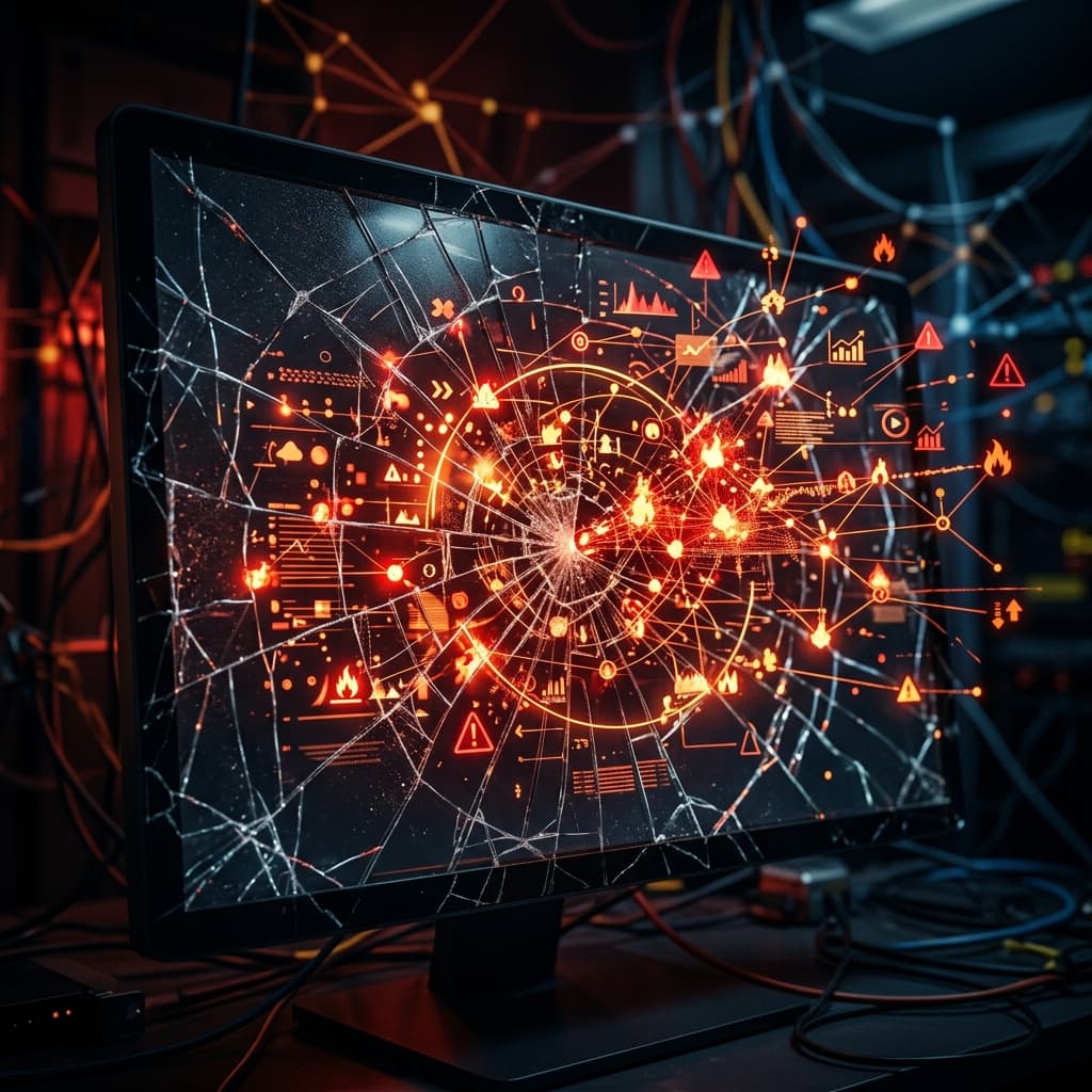 A cracked screen showing viral content warning indicators — representing a brand reputation crisis