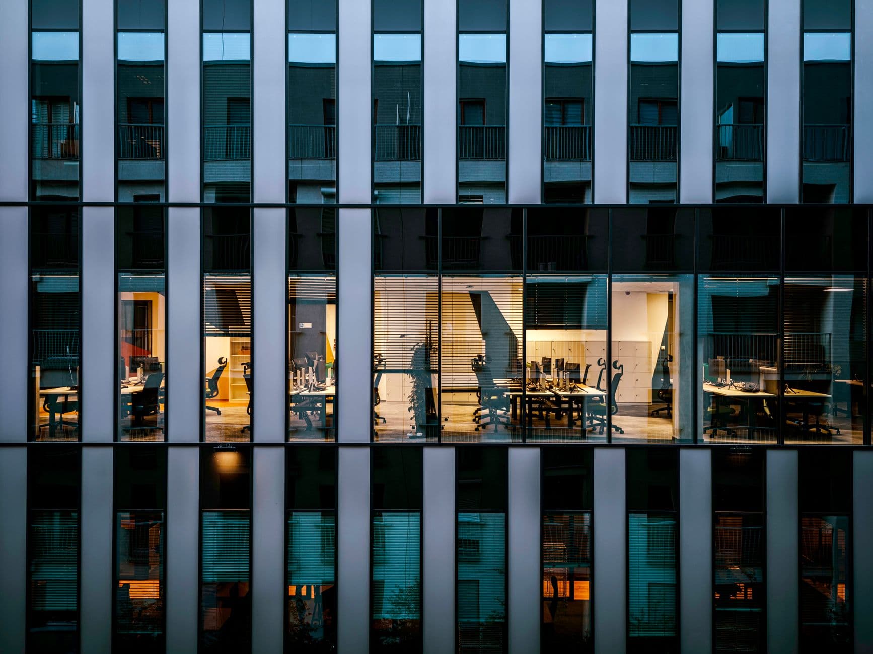 Lit office spaces in a commercial building