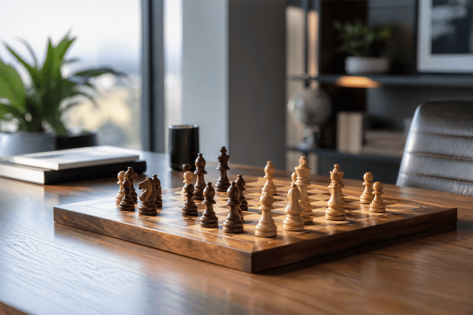 Wooden chess pieces arranged on a chessboard in a sunlit office