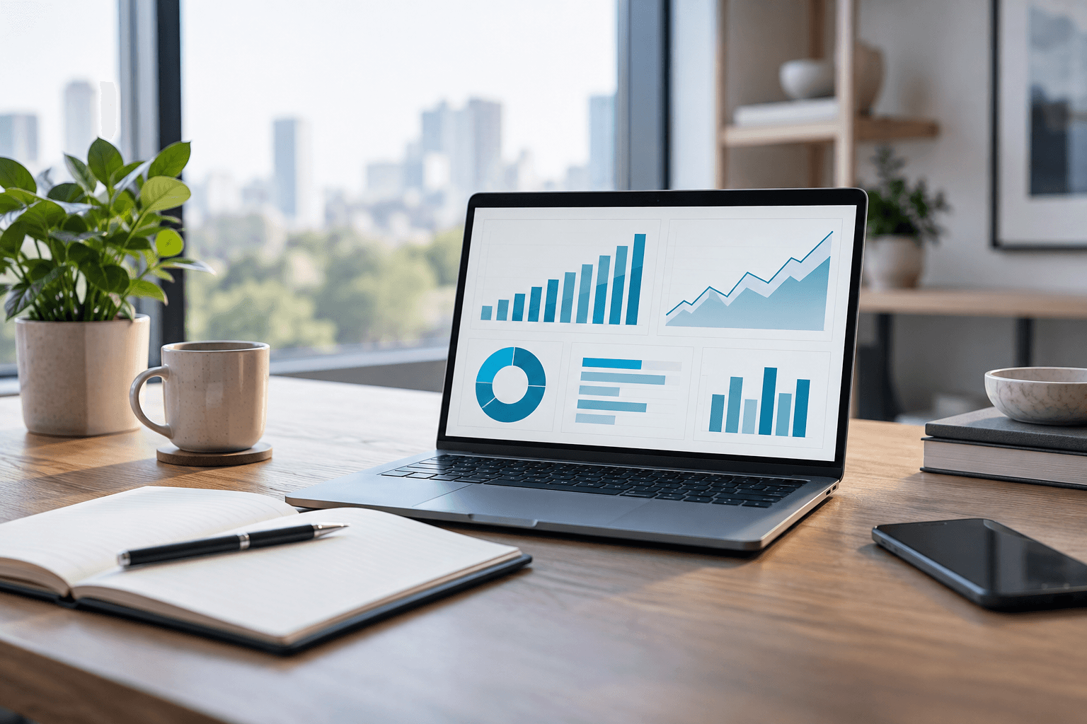 Laptop displaying business charts on a sunlit office desk