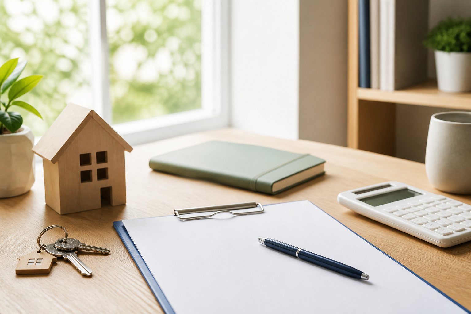 First mortgage planning desk with a model house, keys, calculator, and application form