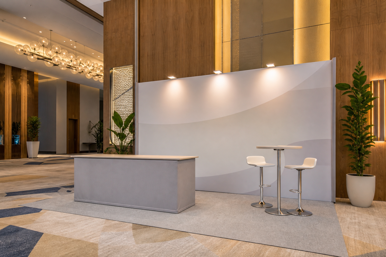 Modern business conference venue with exhibitor booth space