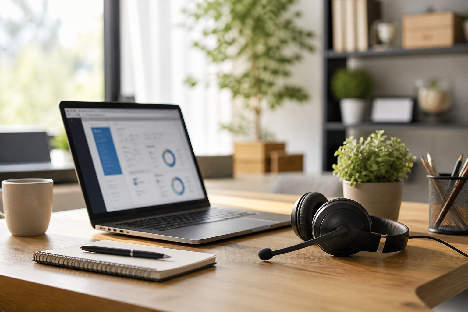 Client-service workspace with laptop, notebook, and headset