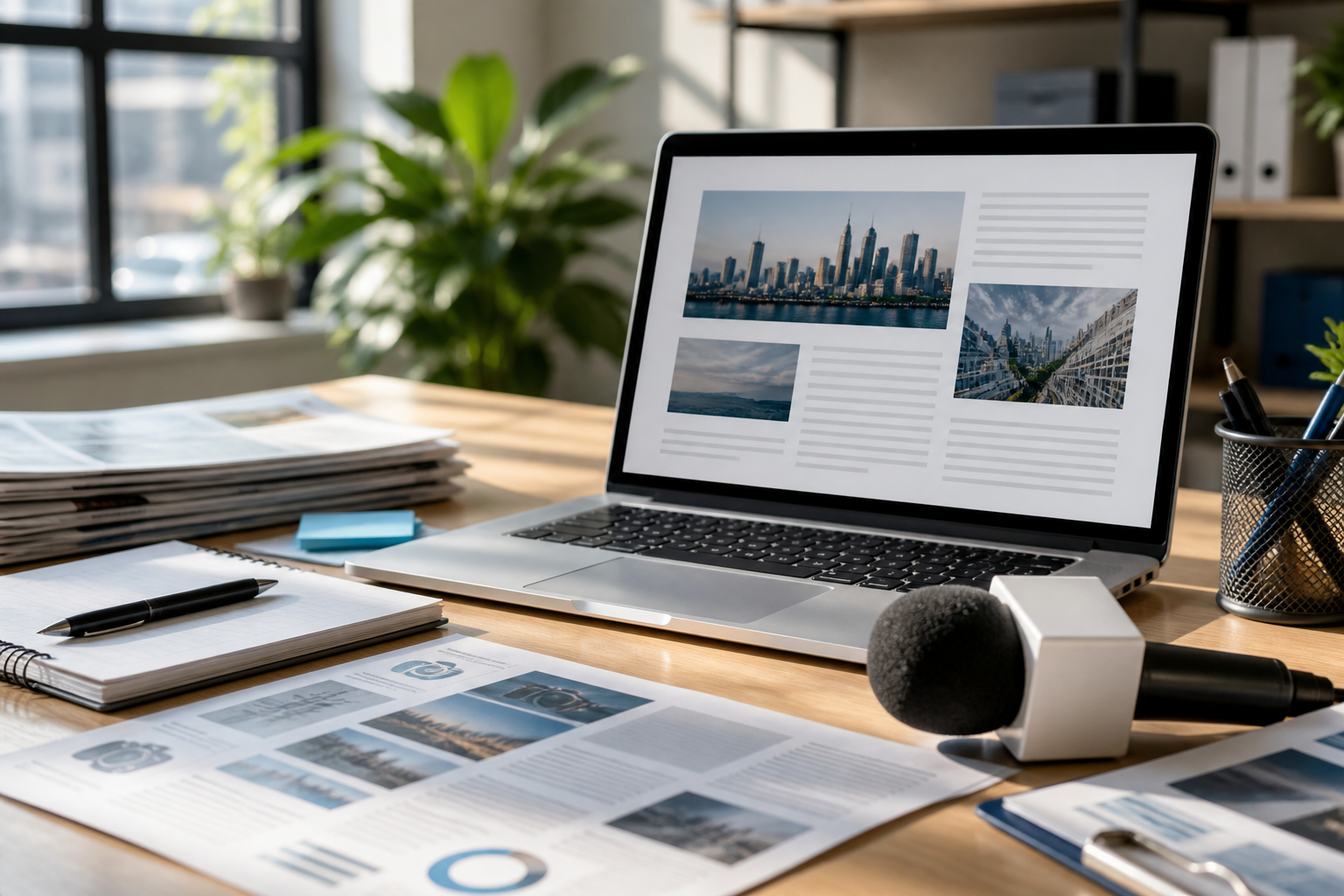 Media outreach workspace with a laptop, microphone, and press materials