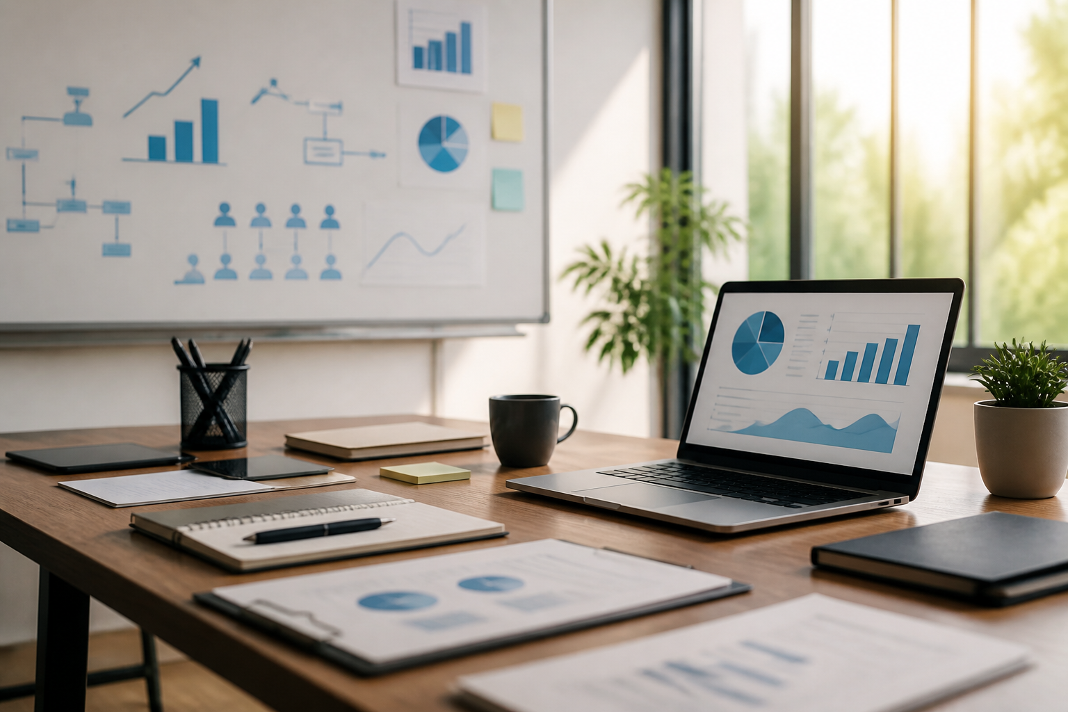 Organized sales planning workspace with charts and notebooks