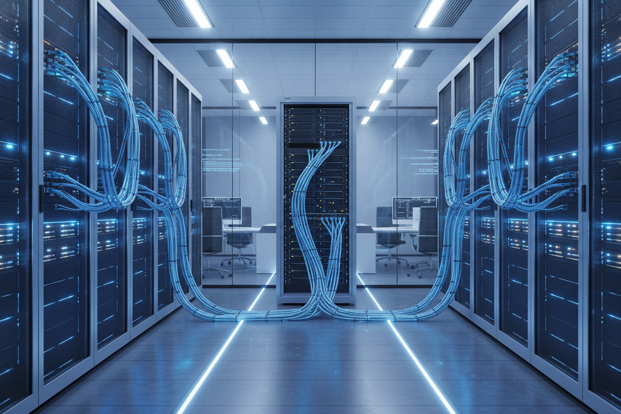 Server racks with blue network cables in a modern corporate data center