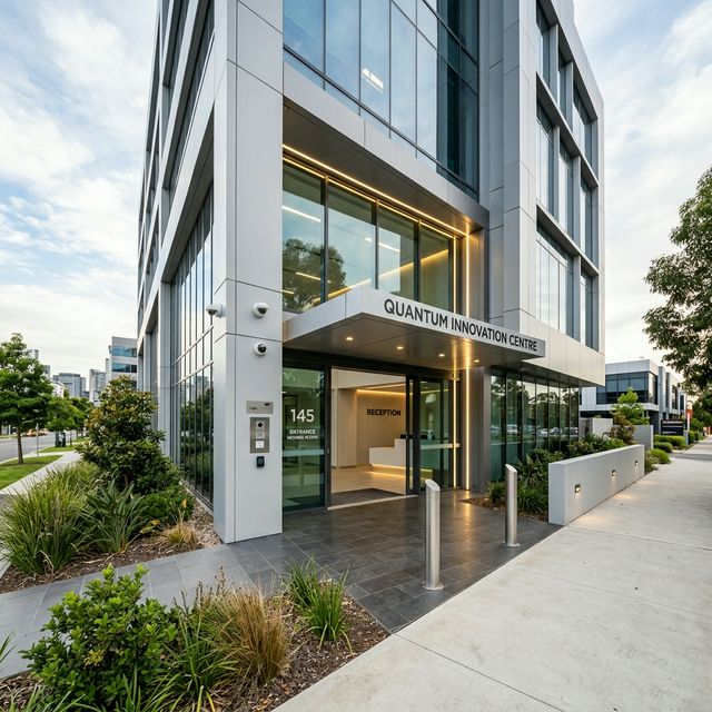 A modern commercial building entrance with security features