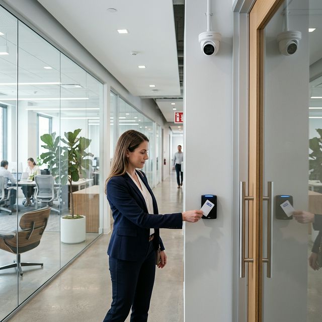 Office worker using keycard access control with CCTV cameras visible
