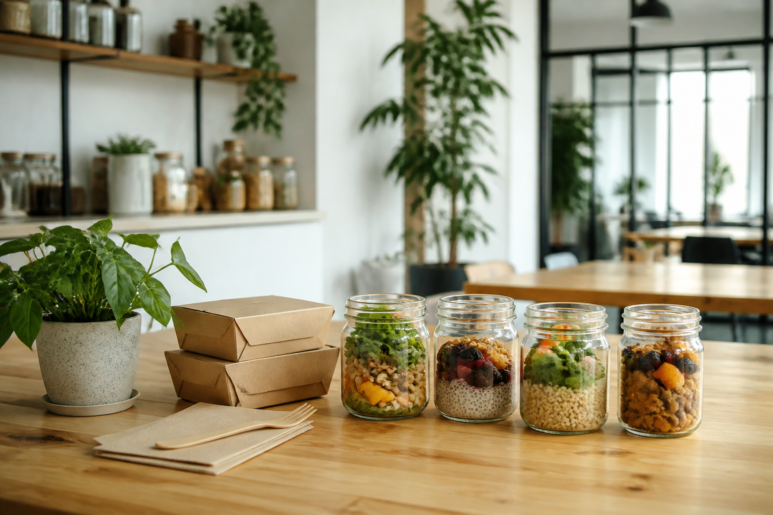 Reusable food jars and recycled packaging in a green office pantry