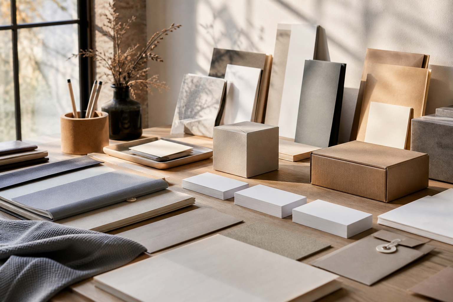 Premium physical brand materials arranged on a creative studio desk