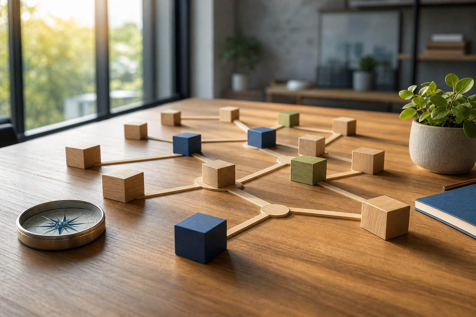 A network of connected wooden blocks on a business strategy table