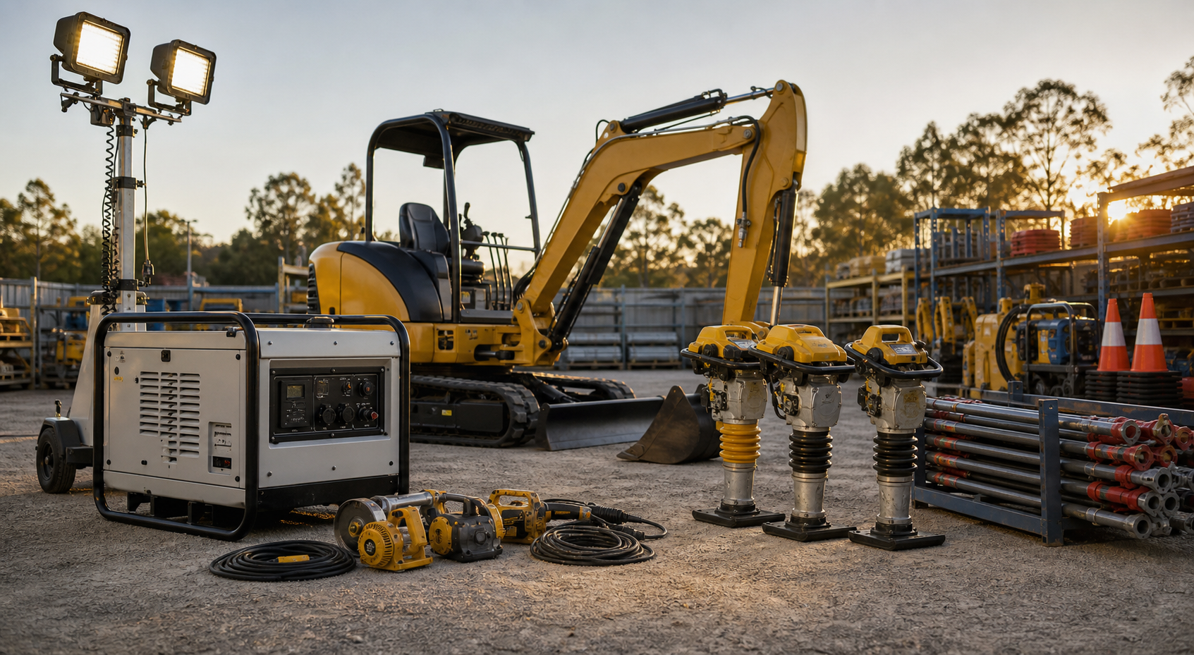 Construction equipment arranged in an equipment rental yard