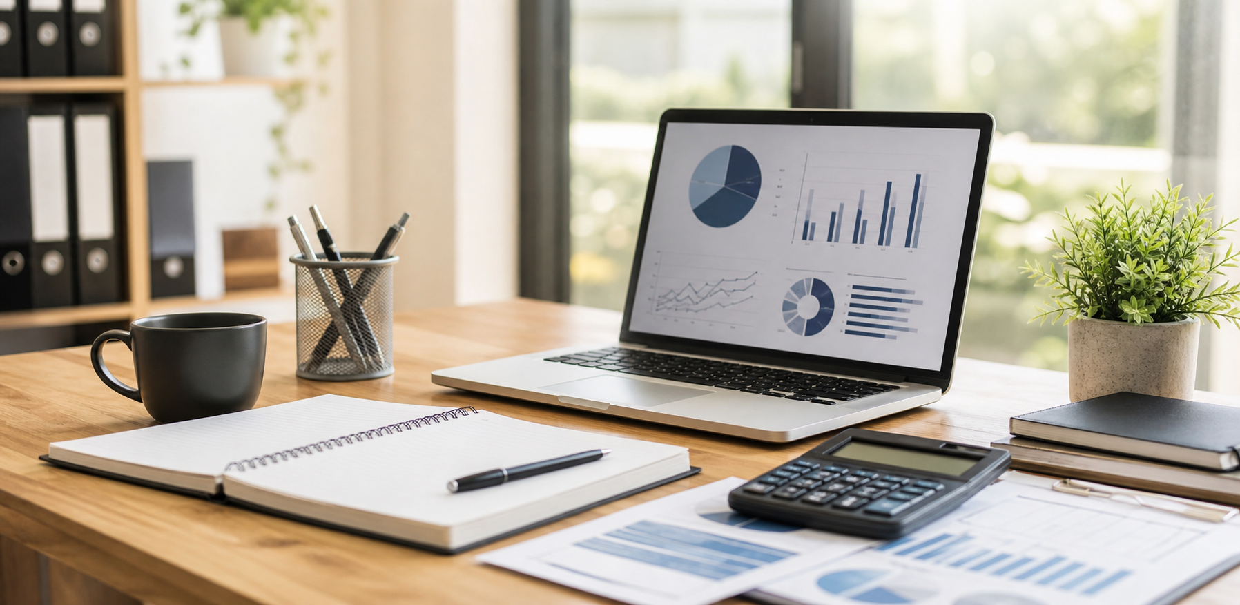 Organized small business workspace with laptop charts and planning tools