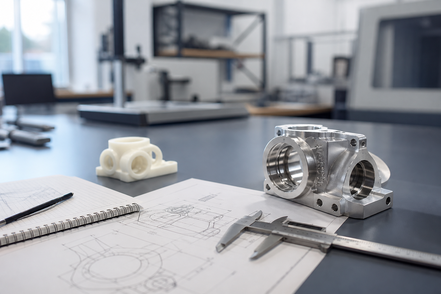 Precision manufactured component, prototype, and technical drawings on an engineering desk