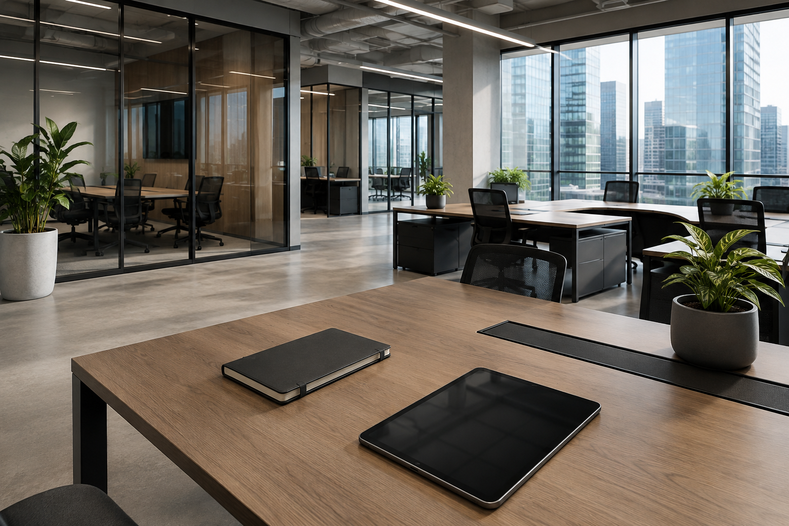 Flexible modern office with modular desks and glass meeting rooms