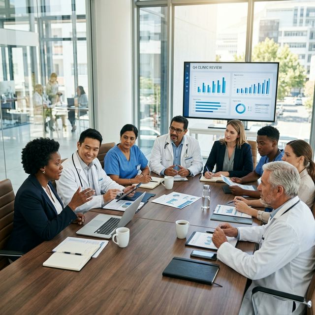 Medical professionals collaborating around a conference table in a modern clinic