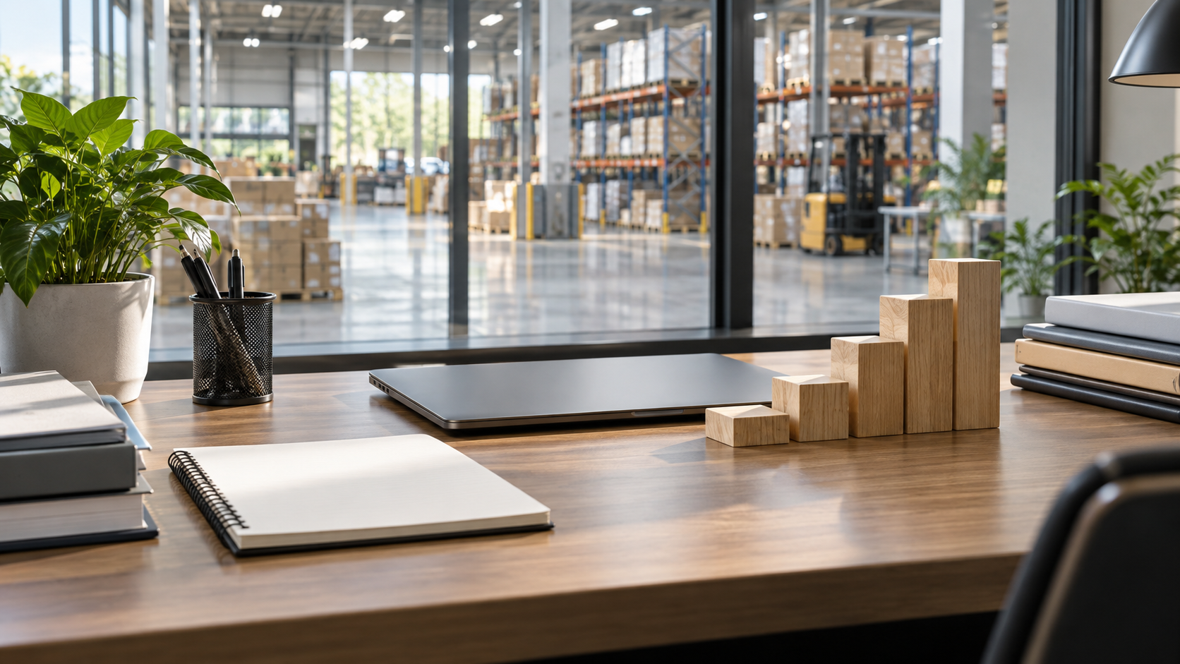 Organized operations planning desk overlooking a modern warehouse