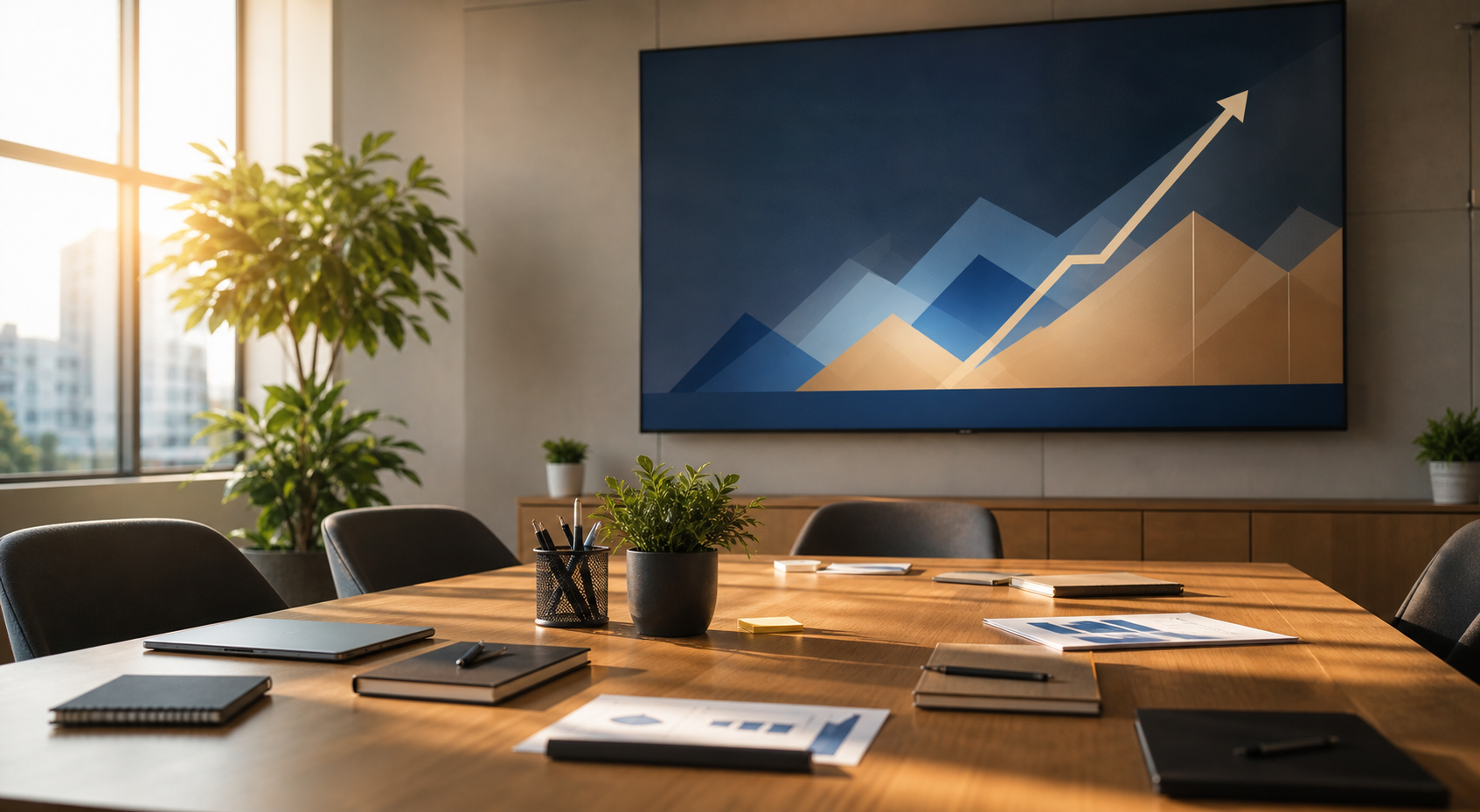 A bright sales strategy meeting room with an upward growth chart
