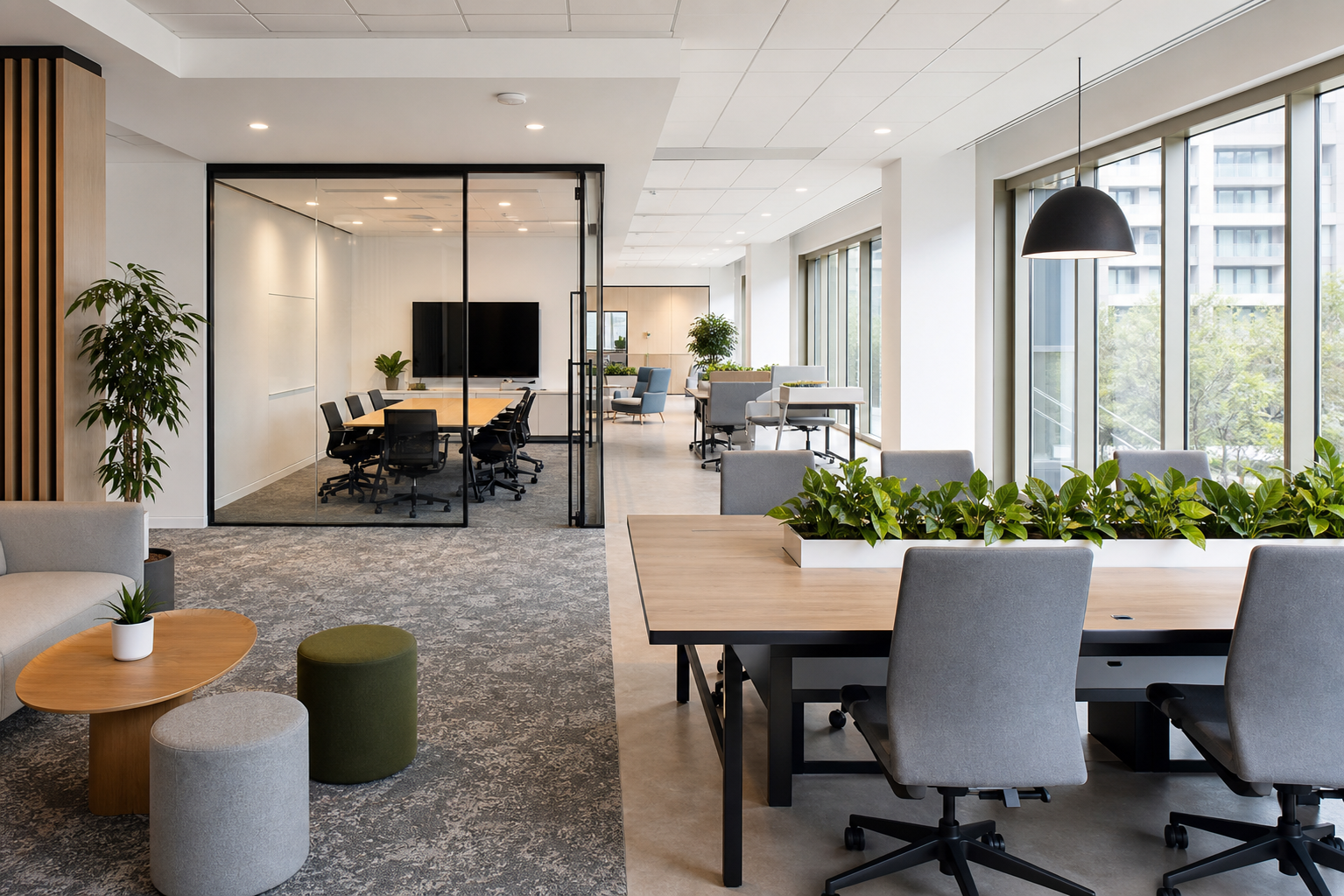 Modern hybrid office with flexible desks and collaboration spaces