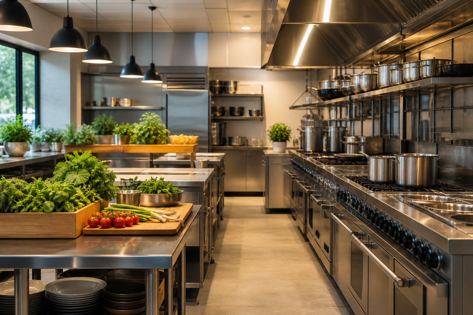 Clean and organized commercial restaurant kitchen ready for service