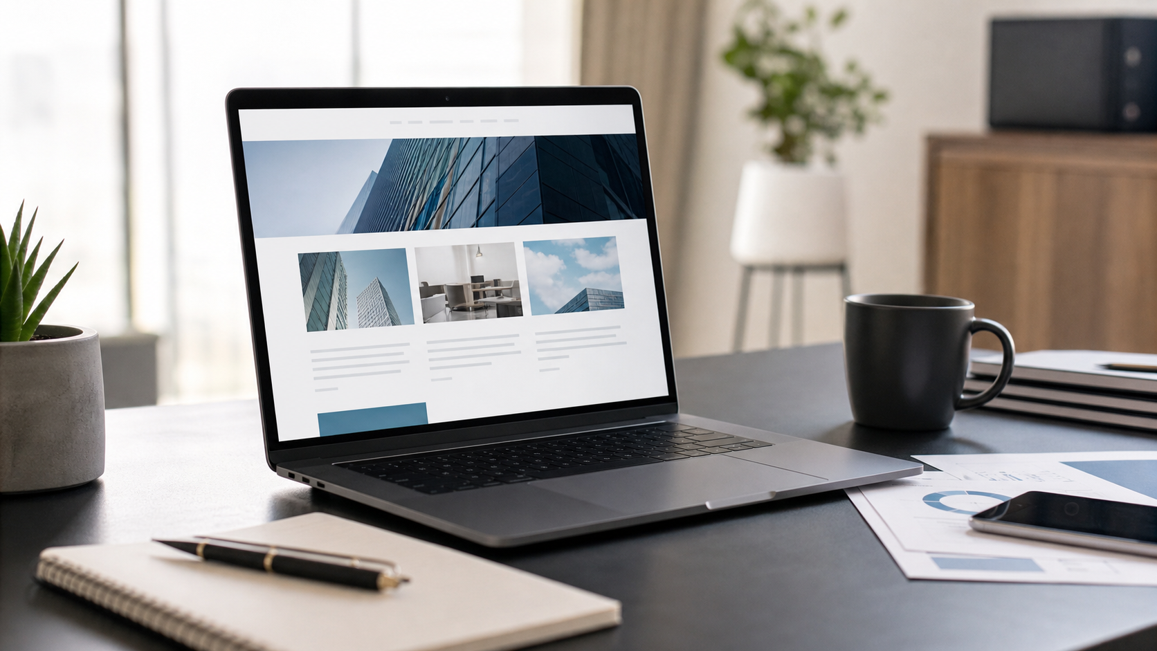 A laptop displaying a polished business website on a modern desk