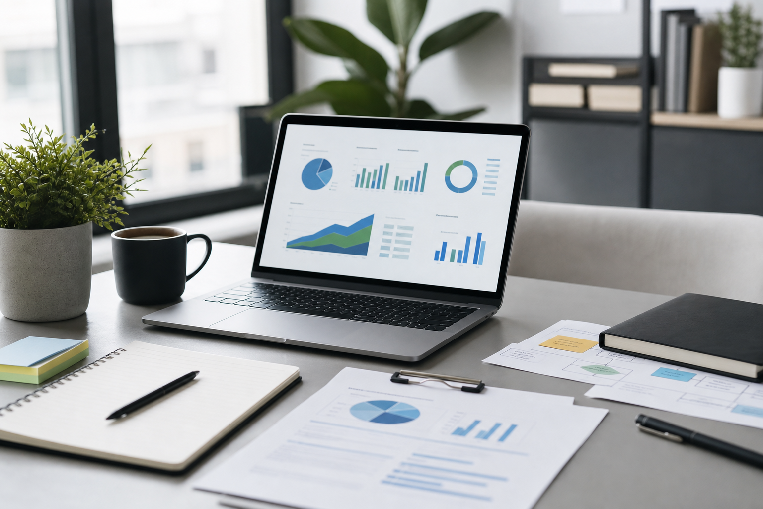 Entrepreneur workspace with business growth planning materials