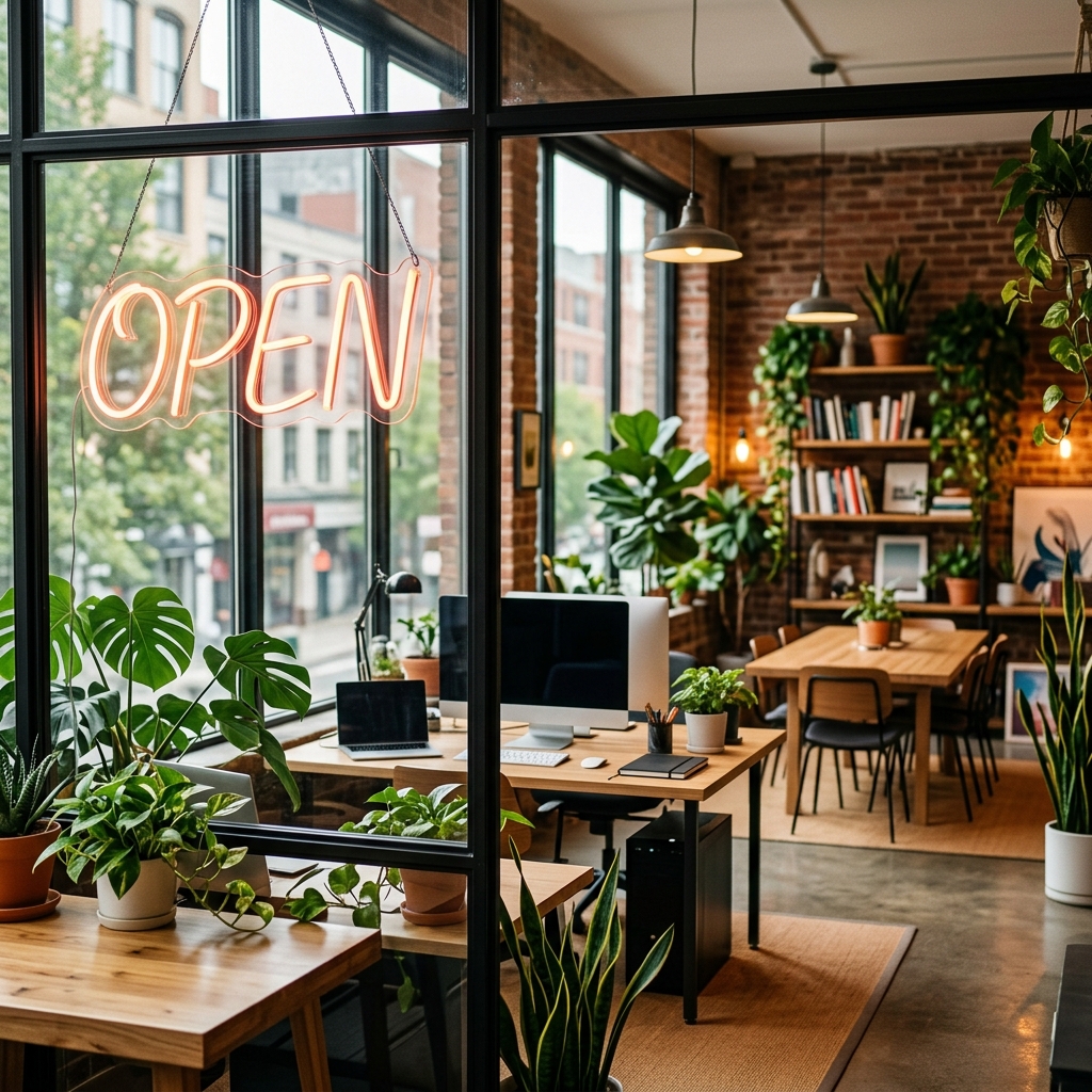 Startup workspace with neon open sign
