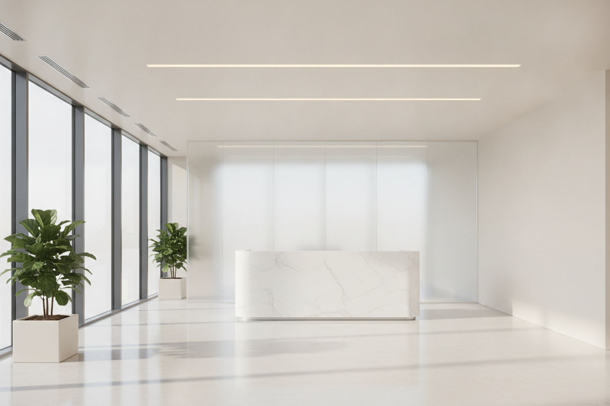 Bright, spotless modern office lobby with polished floors and a marble reception desk