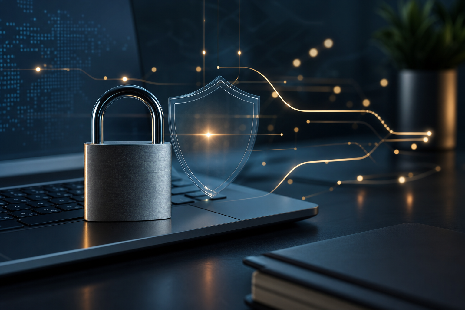A metal padlock and protective shield securing a business laptop