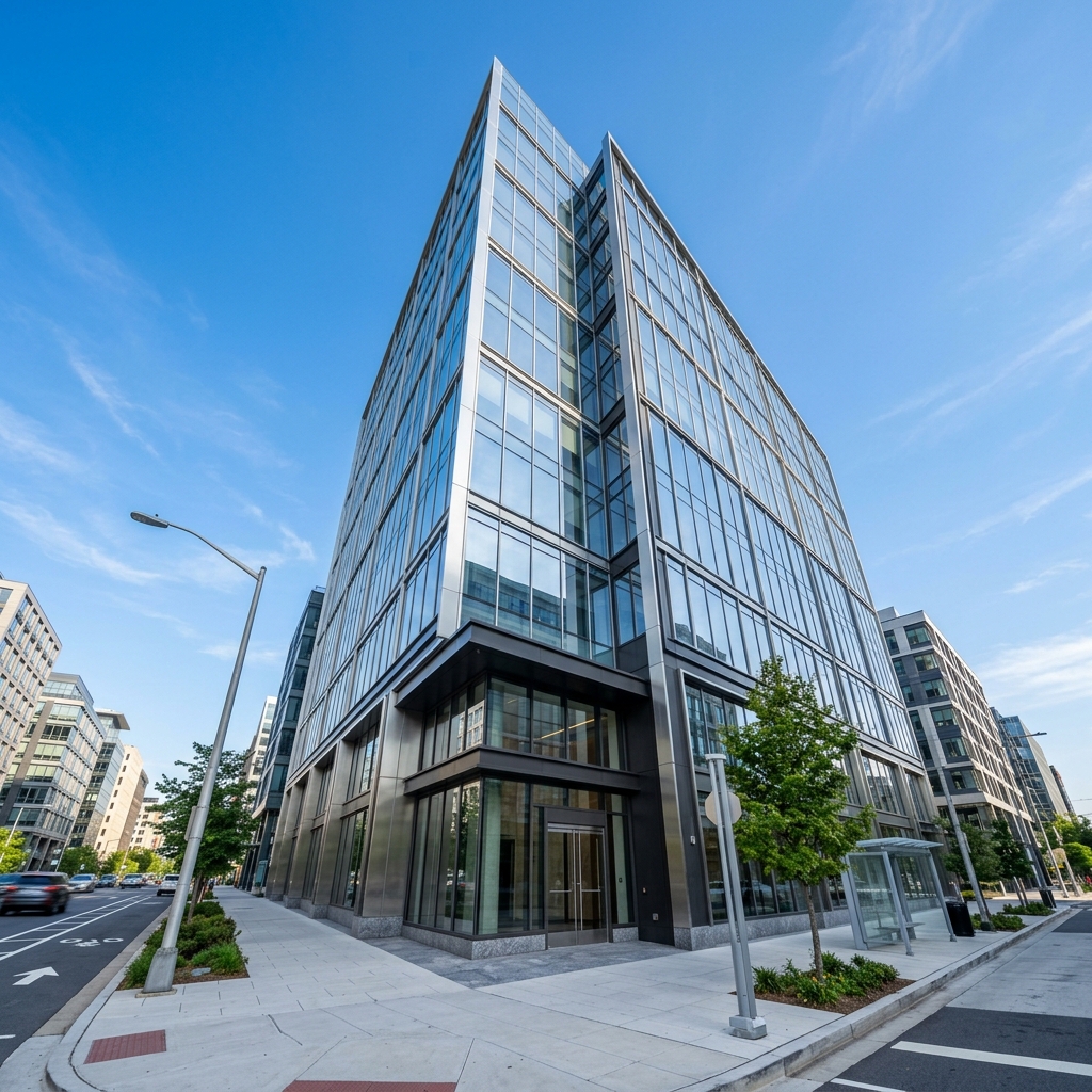 Modern commercial office building exterior with glass facade