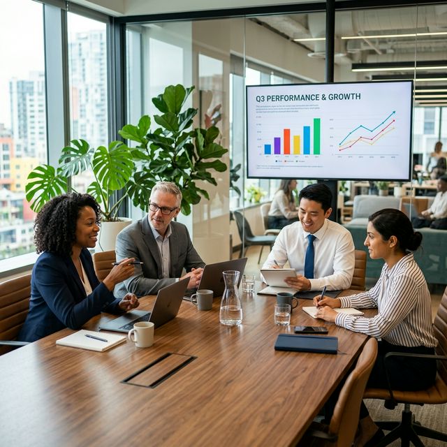 Professionals collaborating around a conference table with scaling strategy on the screen