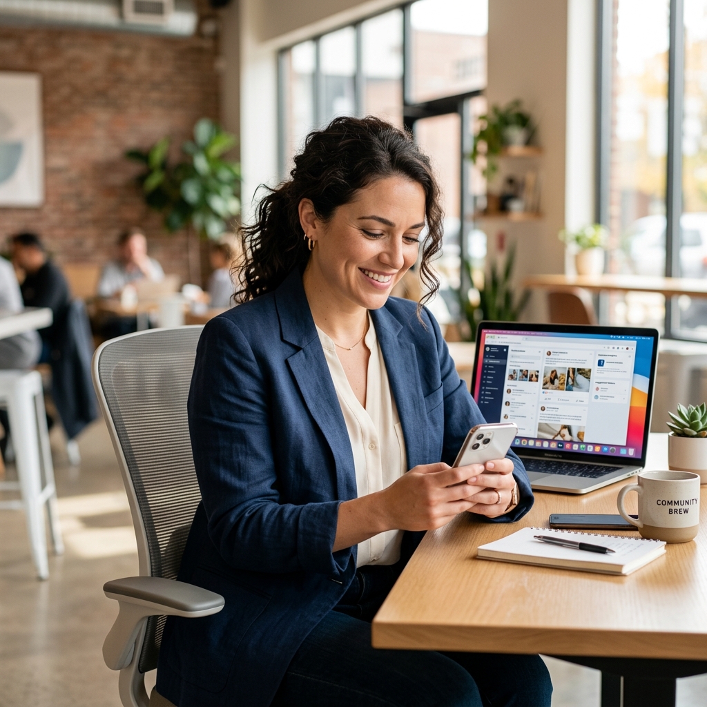 Business owner confidently managing social media from a modern workspace