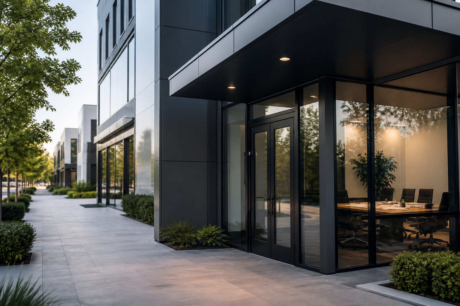 Modern commercial property with a professional office entrance