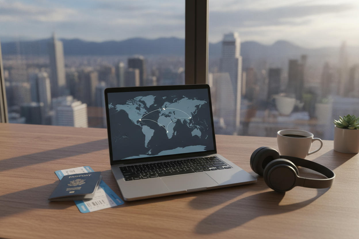 Laptop showing a world map beside a passport and boarding pass on a desk overlooking a city skyline