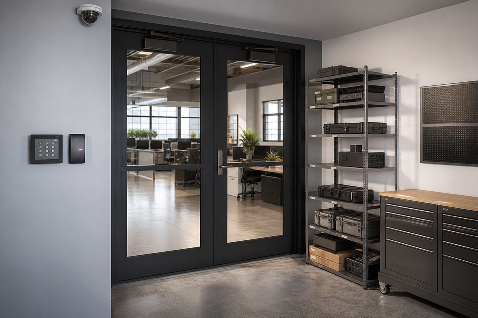 Modern business security entrance with access controls