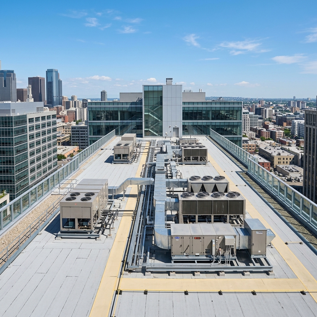 Commercial building rooftop with HVAC equipment