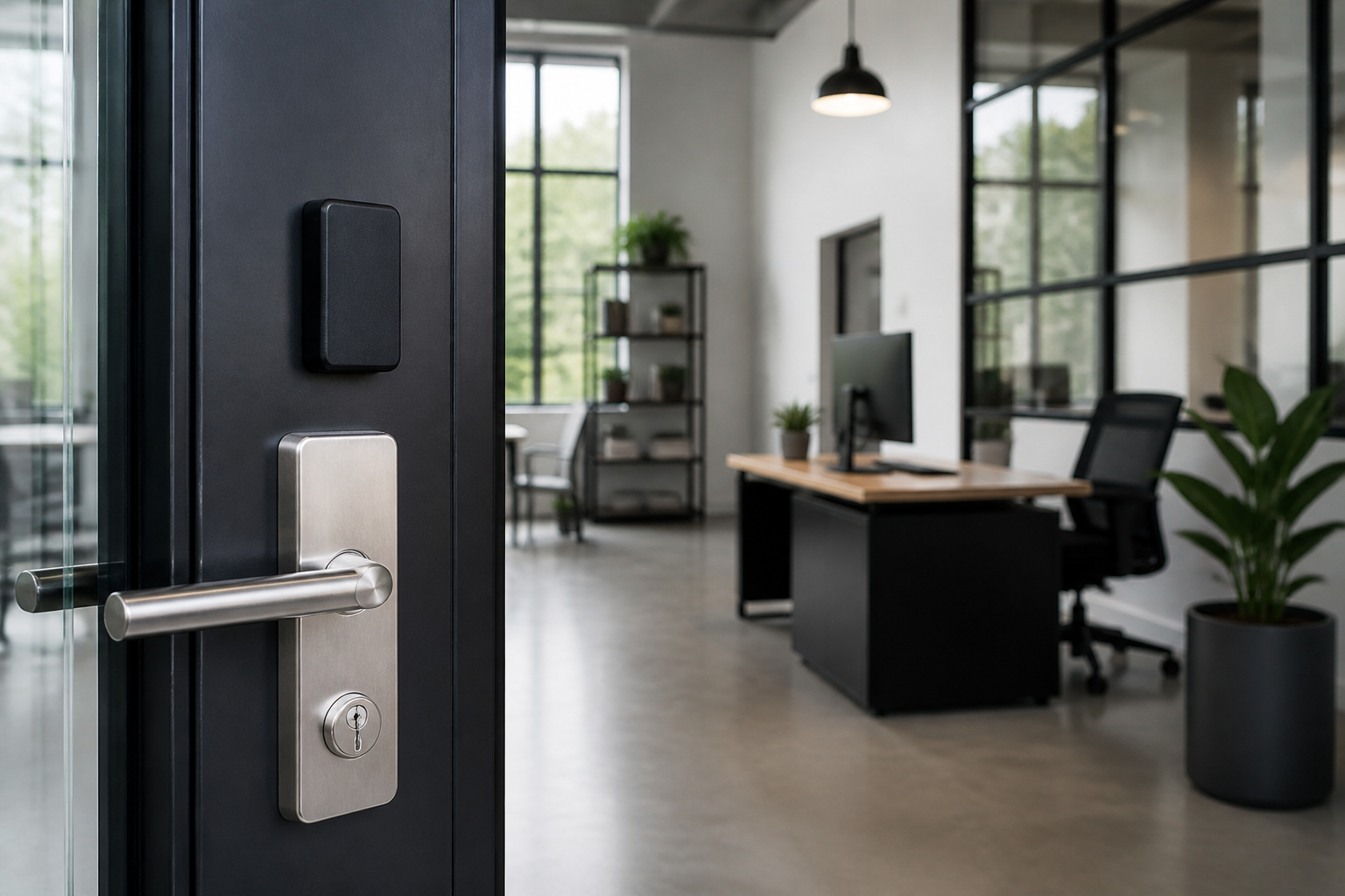 Modern business entry with high-security lock and plain access-card reader