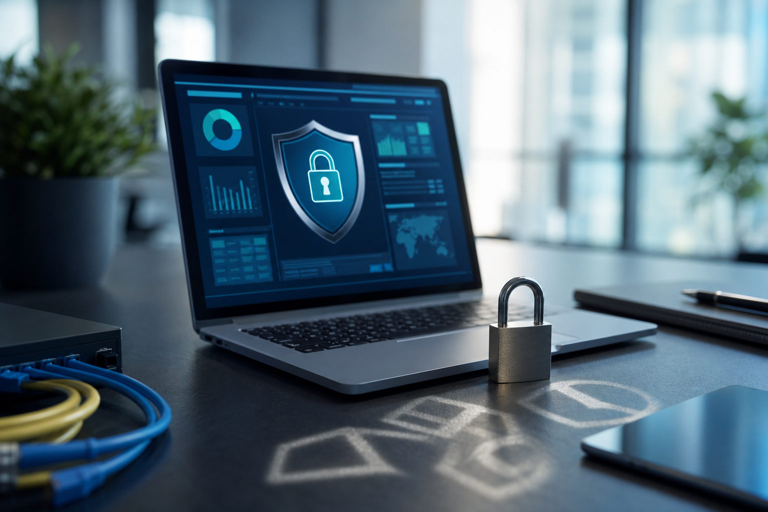 Cybersecurity dashboard on an office desk