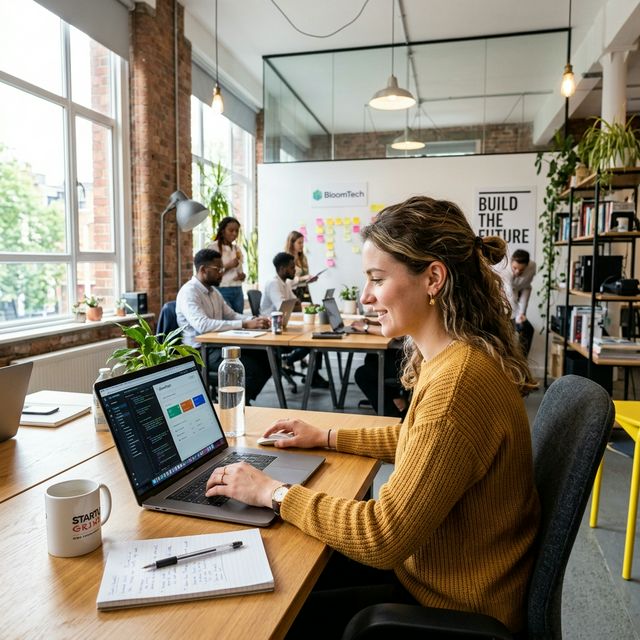 Young entrepreneur working on a laptop in a bright startup workspace